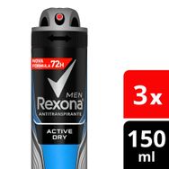 Desodorante Antitranspirante Aerosol Rexona Masculino Active Dry 3 x 150ml