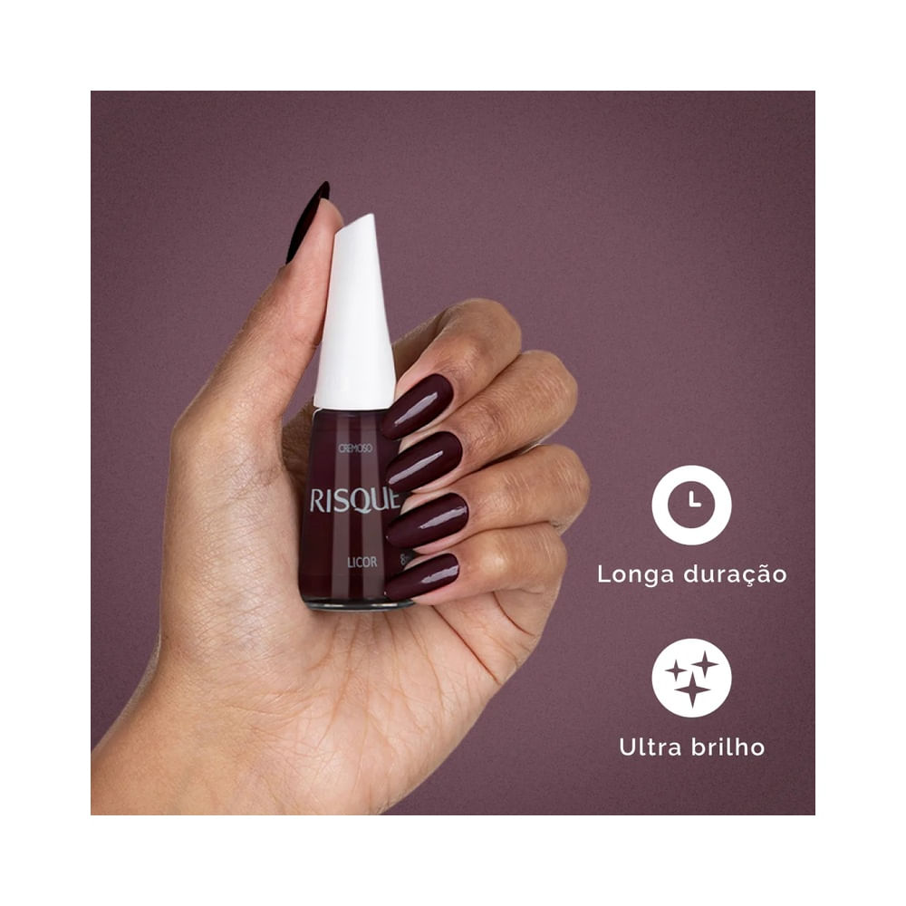 Frasco de esmalte Risqué Cremoso Licor com acabamento cremoso e cor marrom escuro